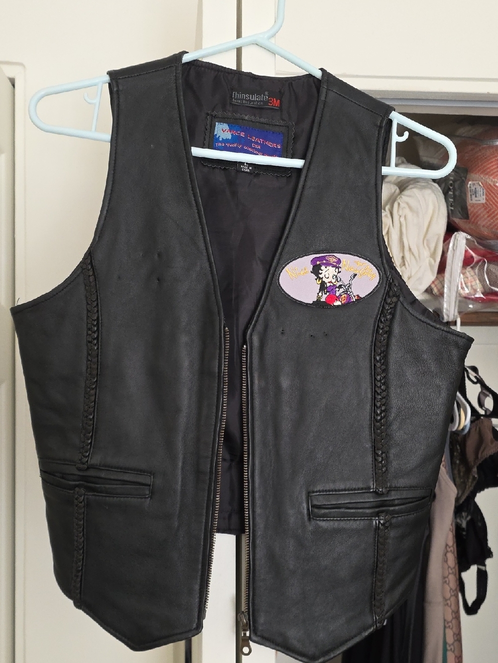 Vintage Black Leather Vest with Embroidered Patch